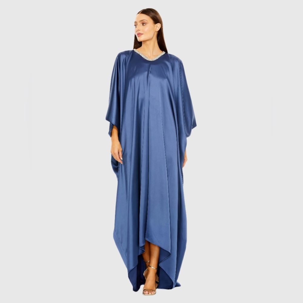 NWT $458 MAC DUGGAL Blue Embellished High Neck Trapeze Gown DRESS 27071